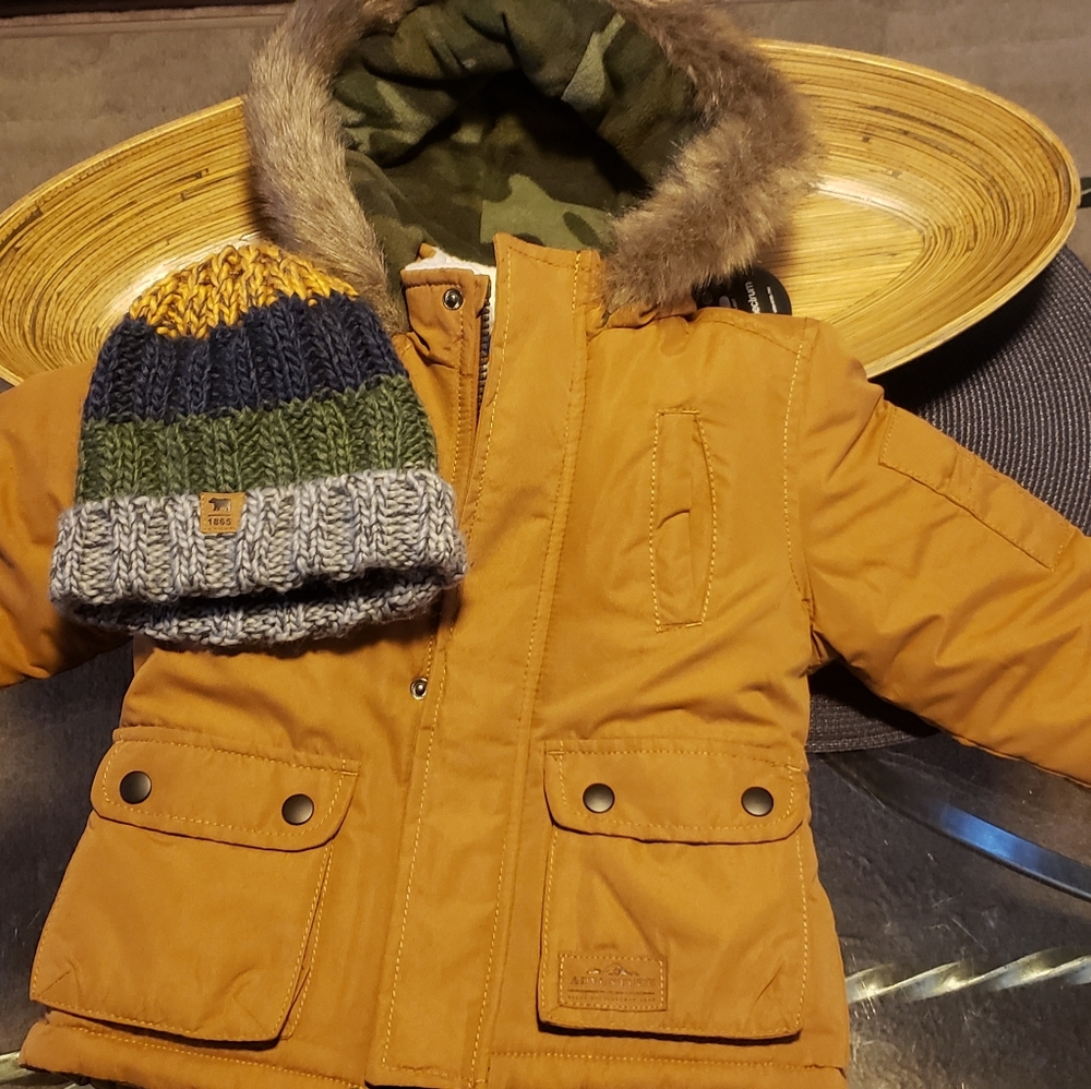 Carter Khaki Winter Coat and Old Navy hat